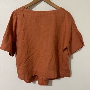 Muji Linen Boxy Boat Neck Short Sleeve Shirt Rust Orange Rear Pleat Relax XS/S